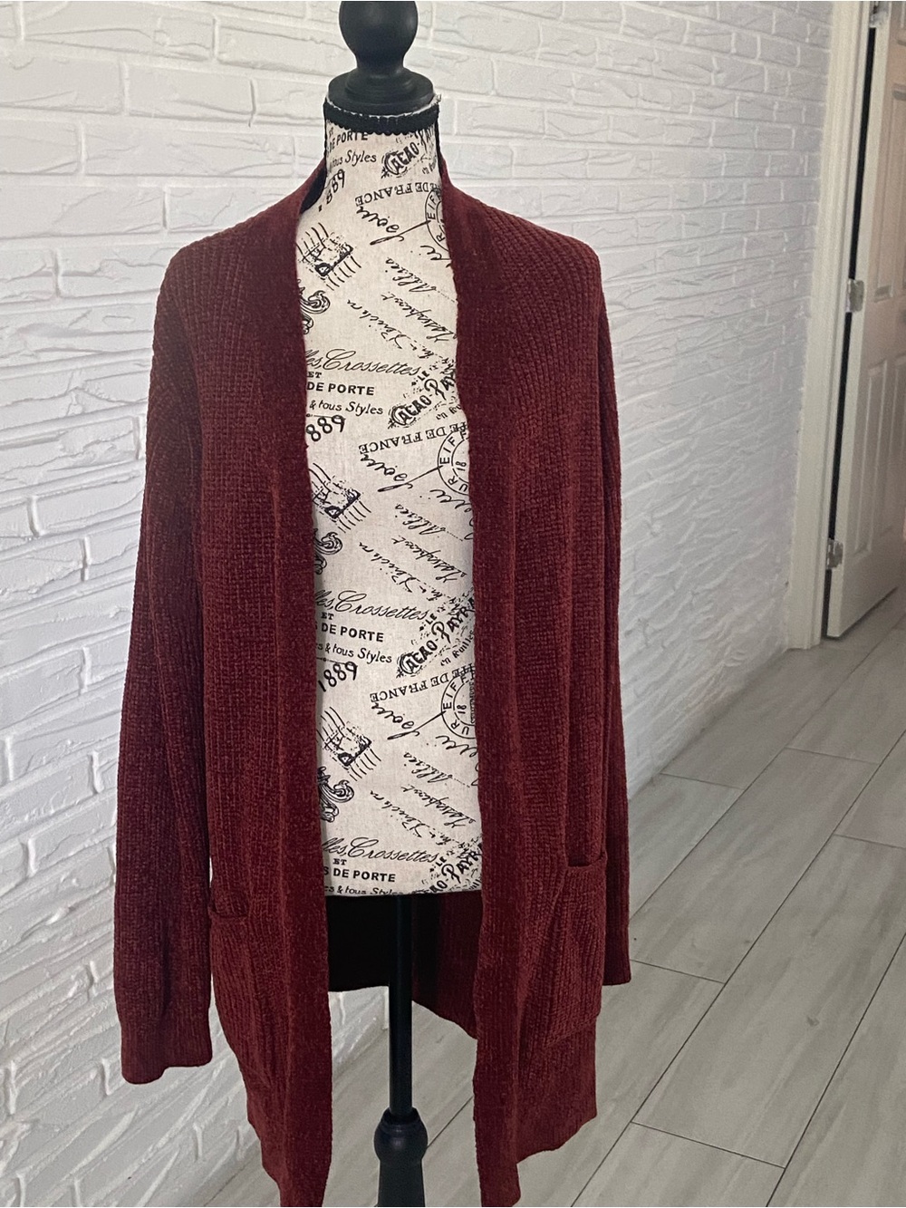 Matty M Open-Front Burgundy Knit Cardigan